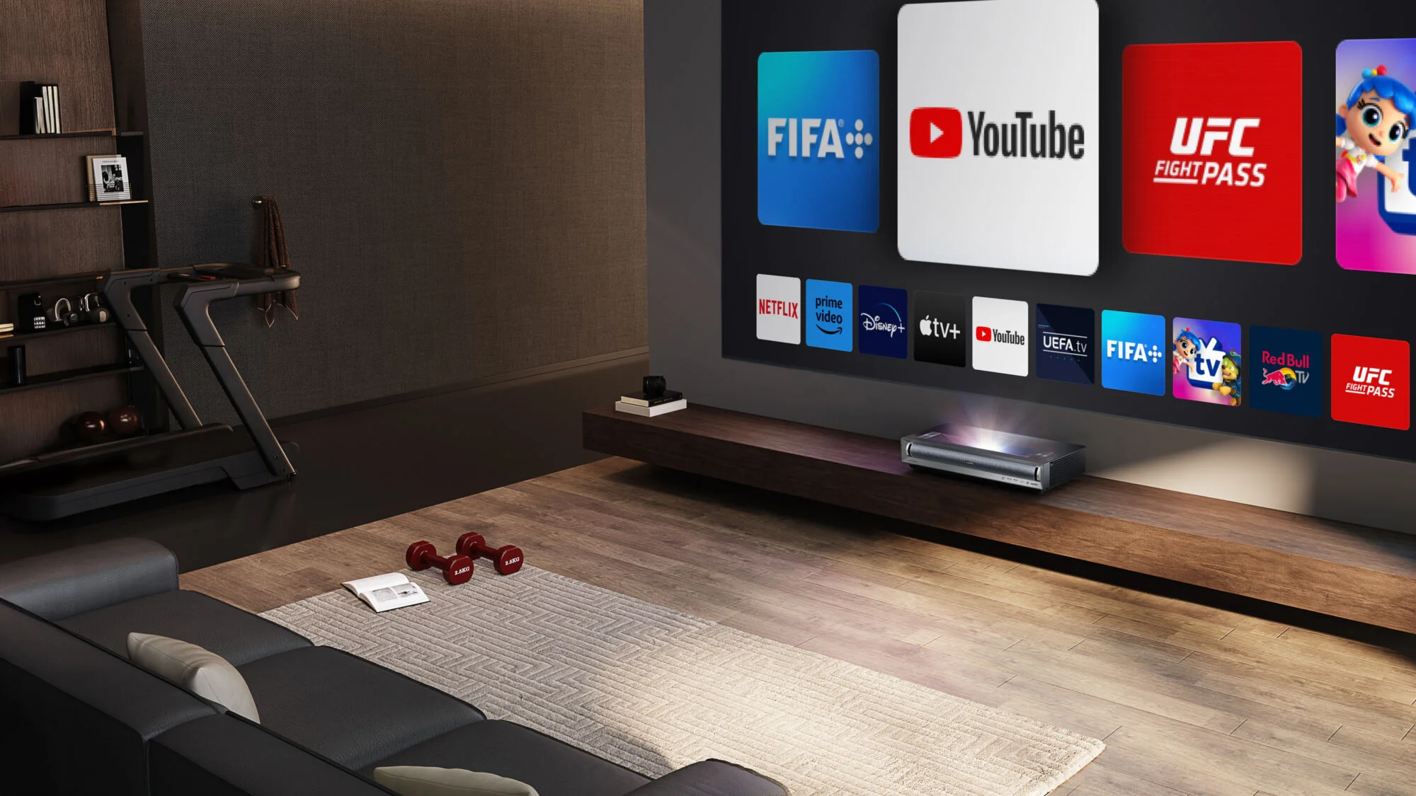 Ein Hisense Laser-TV steht auf einem Sideboard und erzeugt eindrucksvolle Bilder.